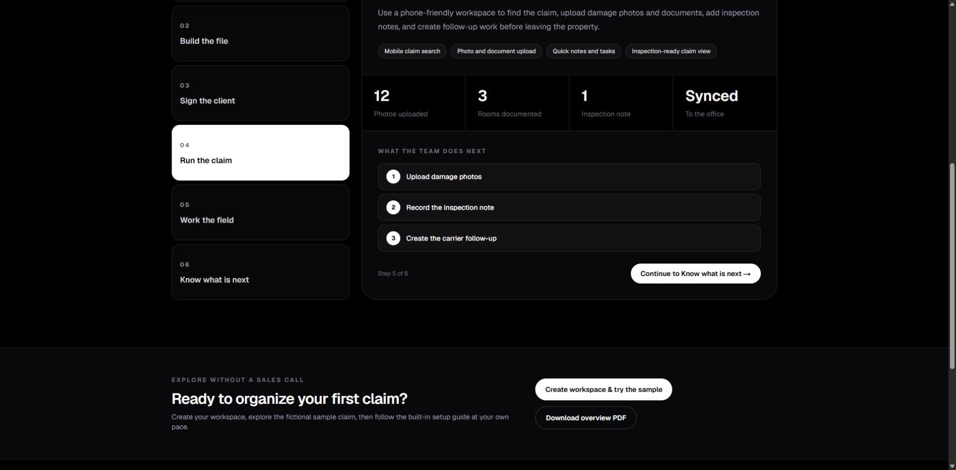 AdjusterDesk guided sample showing an active claim workspace